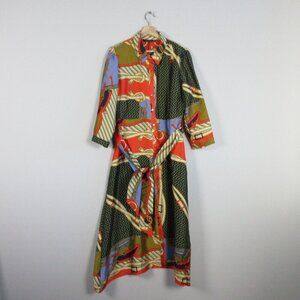 Zara Women Scarf Chain Print Long Satin Shirt Midi Dress Long Sleeve XL 262